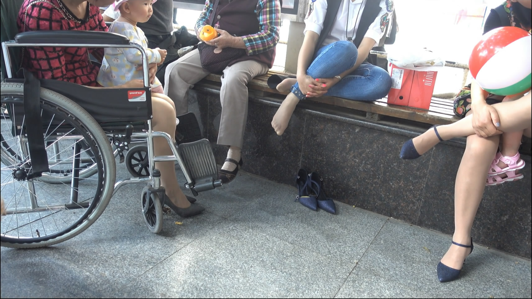 Wheelchairs and grandmother who wore nylon feet